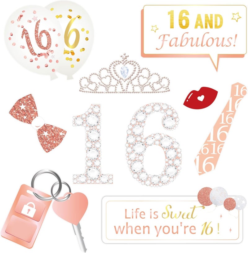 Konsait Rose Gold 16 Birthday Photo Booth Kit30count Sweet 16 Props Funny Chic Sweet Sixteen Photo Props with Sticks for Girls 16th Happy Birthday Party Favors Supplies Bday Party Decorations - Image 2