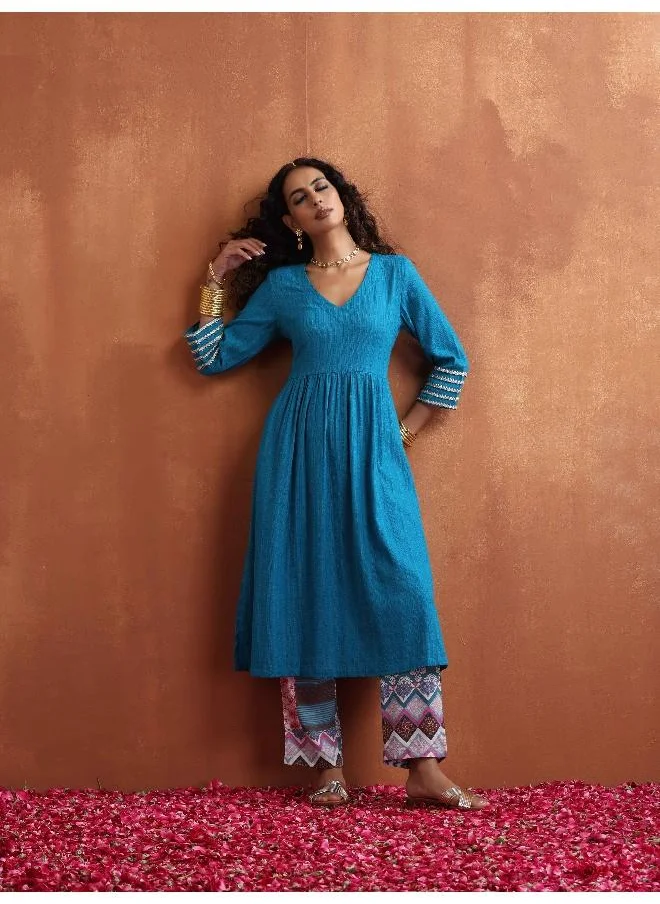 trueBrowns Blue Cotton Flared Anarkali Kurta Set