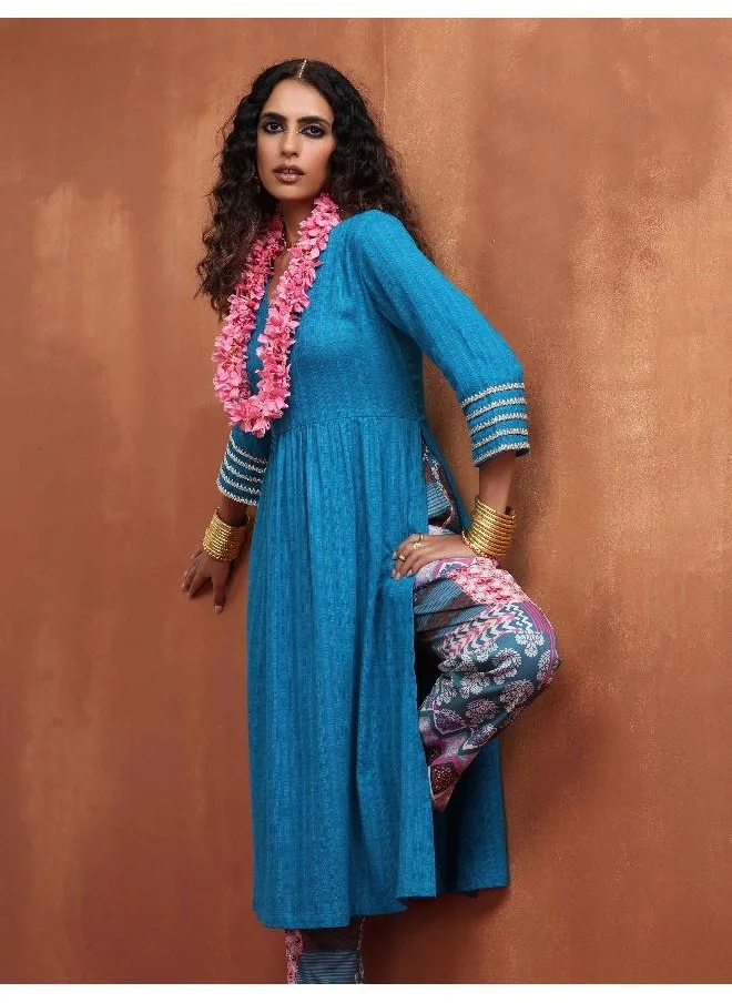 trueBrowns Blue Cotton Flared Anarkali Kurta Set