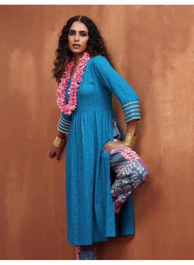 ترو برونز trueBrowns Blue Cotton Flared Anarkali Kurta Set