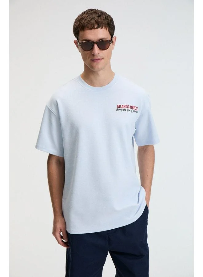 GRIMELANGE YUM Men's Oversized Printed Round Neck Blue T-Shirt.