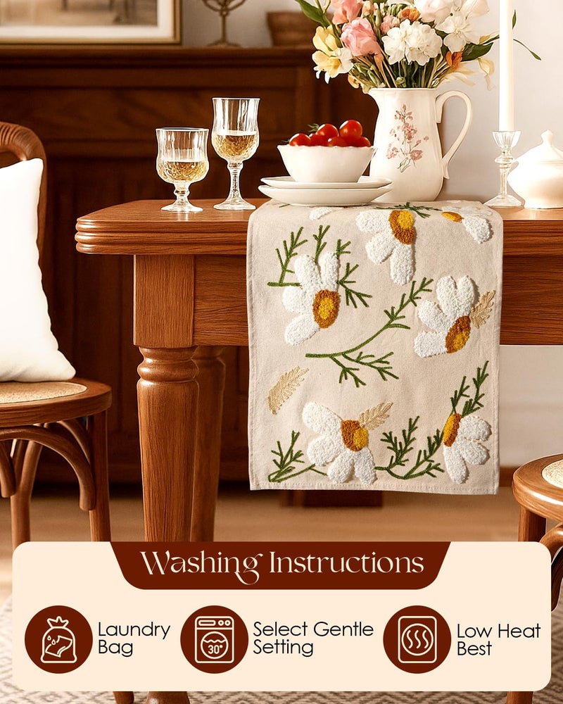 Kokaaee Canvas Embroidered Table Runner - 13x72 Inch Spring Floral Runner for Table Decor Boho Farmhouse Retro Kitchen Dining for Home Party Living Room Decor, Full Daisy - Image 4