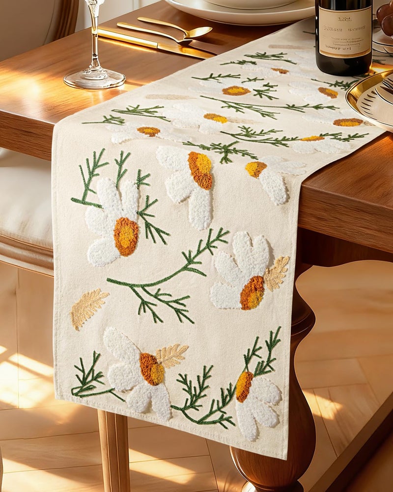 Kokaaee Canvas Embroidered Table Runner - 13x72 Inch Spring Floral Runner for Table Decor Boho Farmhouse Retro Kitchen Dining for Home Party Living Room Decor, Full Daisy - Image 1