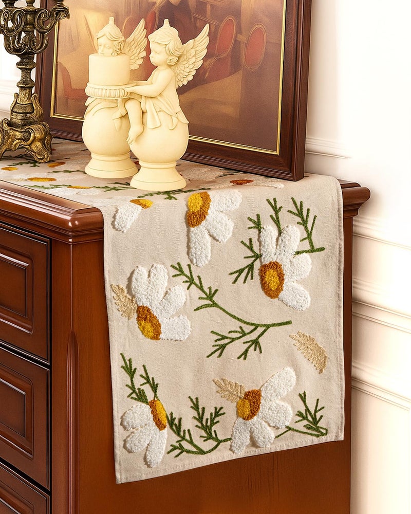 Kokaaee Canvas Embroidered Table Runner - 13x72 Inch Spring Floral Runner for Table Decor Boho Farmhouse Retro Kitchen Dining for Home Party Living Room Decor, Full Daisy - Image 5