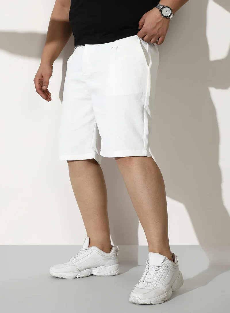 Instafab Plus  Men Pleated Linen-Blend Shorts | Mid-Rise, Band-Waist | Button, Straight Hem | Solid Plain Woven Fabric For Casual & Daily | Chalk White for Men | Best Price UAE