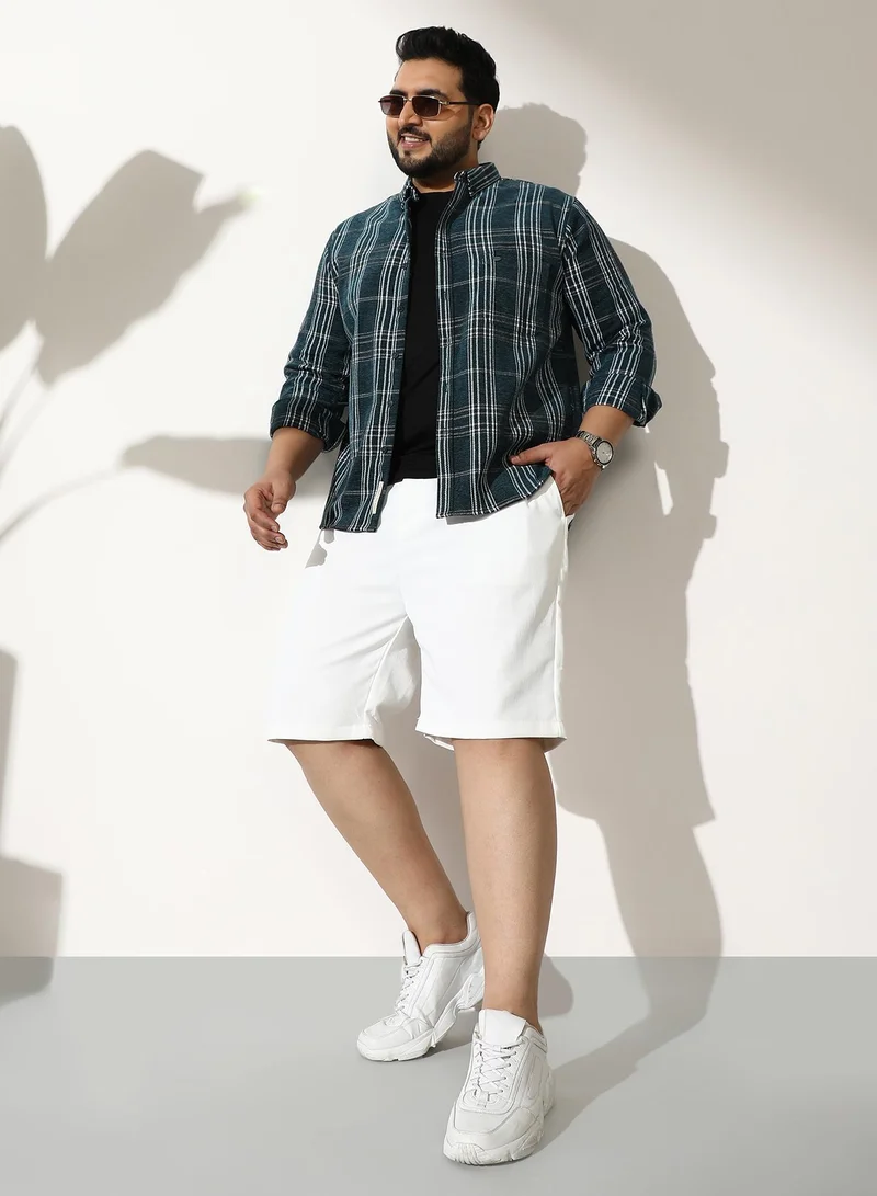 Instafab Plus  Men Pleated Linen-Blend Shorts | Mid-Rise, Band-Waist | Button, Straight Hem | Solid Plain Woven Fabric For Casual & Daily | Chalk White for Men | Best Price UAE