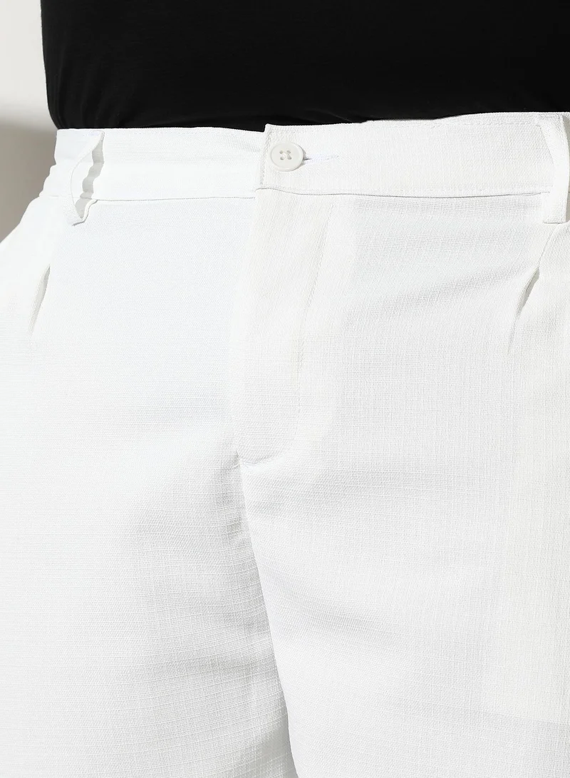 Instafab Plus  Men Pleated Linen-Blend Shorts | Mid-Rise, Band-Waist | Button, Straight Hem | Solid Plain Woven Fabric For Casual & Daily | Chalk White for Men | Best Price UAE