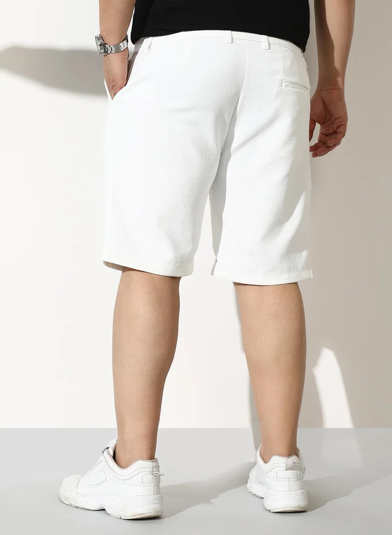 Instafab Plus  Men Pleated Linen-Blend Shorts | Mid-Rise, Band-Waist | Button, Straight Hem | Solid Plain Woven Fabric For Casual & Daily | Chalk White for Men | Best Price UAE