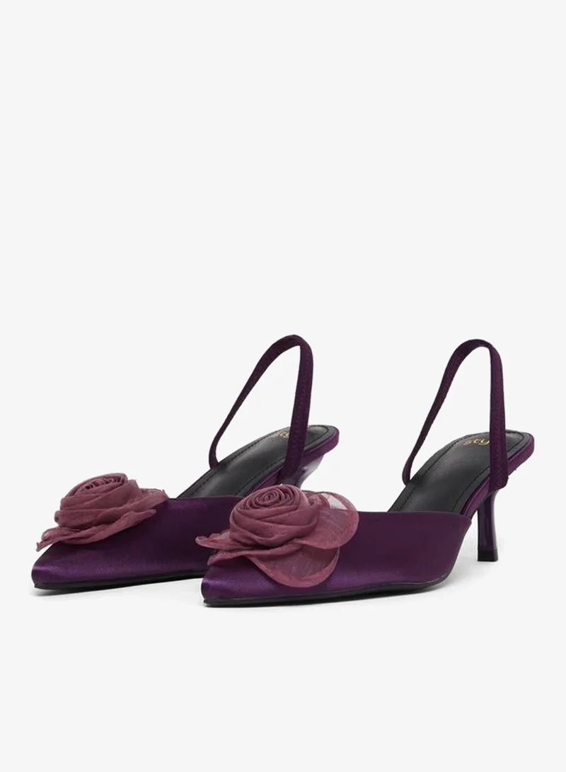 Styli Purple Satin Slingback Shoes with Floral Detail