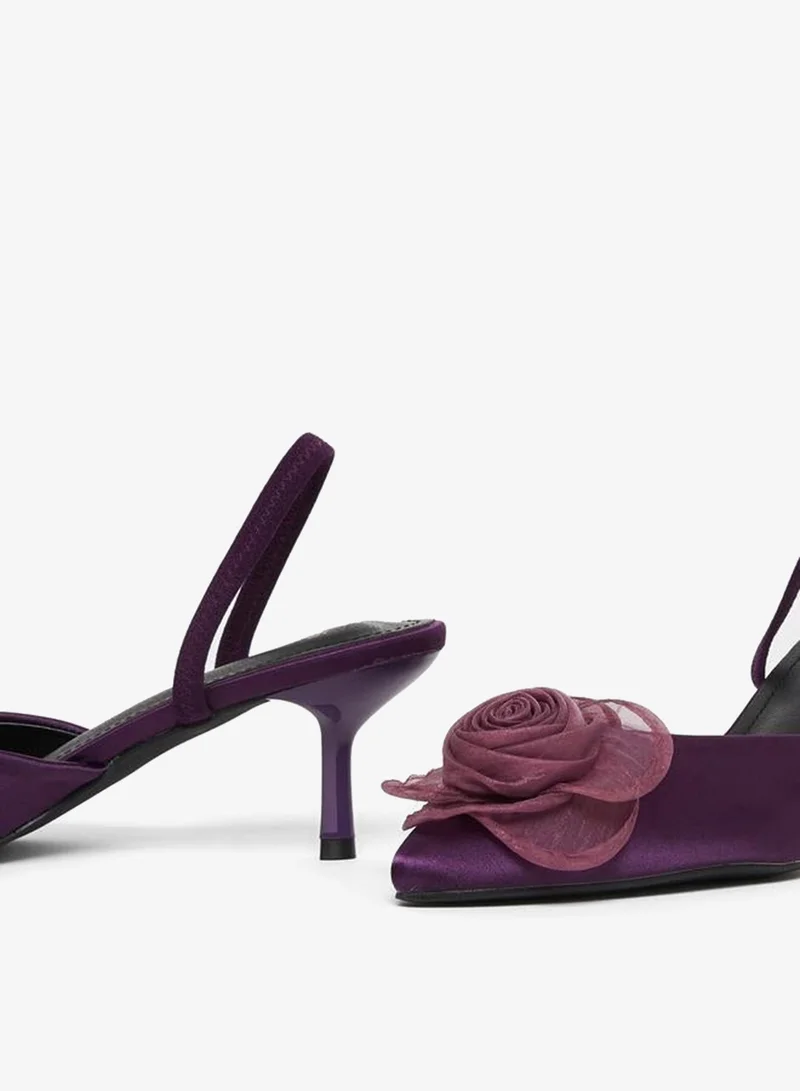 Styli Purple Satin Slingback Shoes with Floral Detail