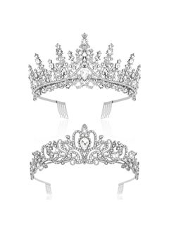 Wecoe 2Pcs Tiaras And Crowns For Women Silver Birthday Crown Adult Women Crowns For Flower Bouquets Birthday Girl Princess Queen Crown Quinceanera Fairy Crown Wedding Bridal Prom Accessories For Women  - Image 1