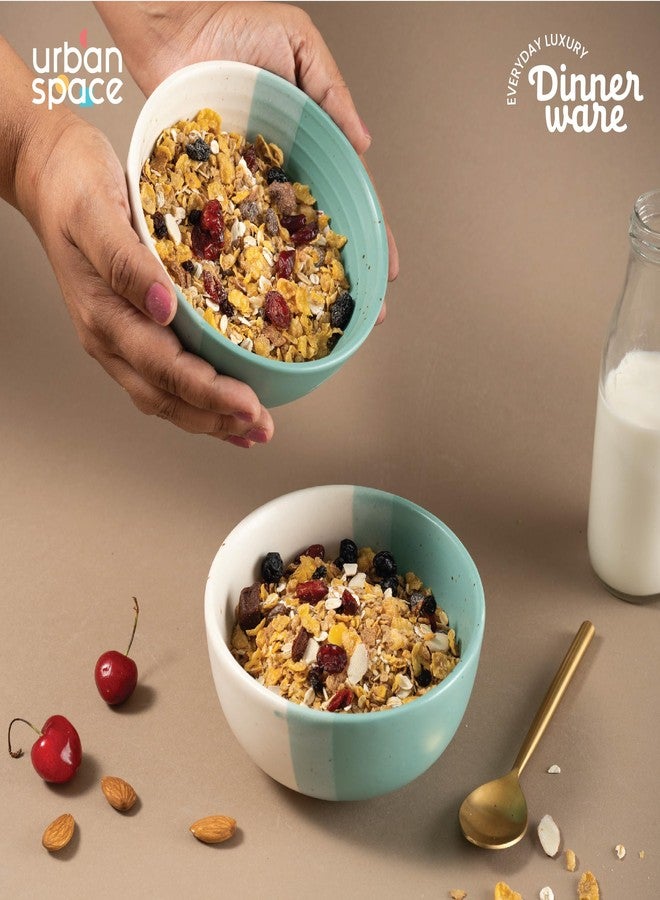 Urban Space مجموعة أوعية سيراميك مصنوعة يدوياً من Urban Space، مكونة من قطعتين، آمنة للاستخدام في الميكروويف، مناسبة للوجبات الخفيفة والحبوب والسلطة، وأوعية خلط للمطبخ (السعة - 450 مل، مجموعة من وعاءين، لون أخضر لؤلؤي محيطي). - Image 2
