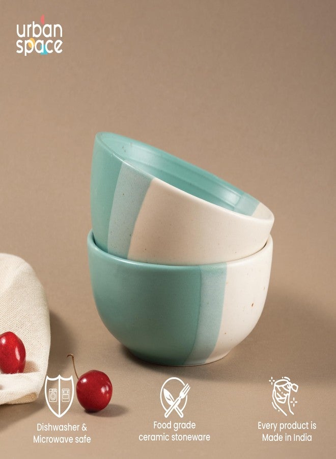 Urban Space مجموعة أوعية سيراميك مصنوعة يدوياً من Urban Space، مكونة من قطعتين، آمنة للاستخدام في الميكروويف، مناسبة للوجبات الخفيفة والحبوب والسلطة، وأوعية خلط للمطبخ (السعة - 450 مل، مجموعة من وعاءين، لون أخضر لؤلؤي محيطي). - Image 3