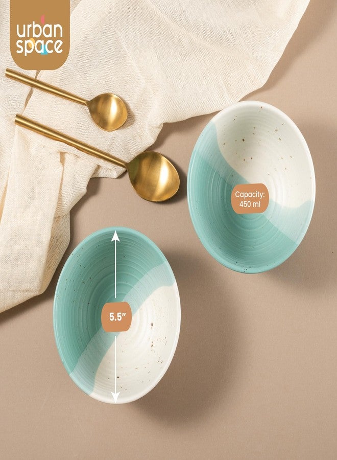 Urban Space مجموعة أوعية سيراميك مصنوعة يدوياً من Urban Space، مكونة من قطعتين، آمنة للاستخدام في الميكروويف، مناسبة للوجبات الخفيفة والحبوب والسلطة، وأوعية خلط للمطبخ (السعة - 450 مل، مجموعة من وعاءين، لون أخضر لؤلؤي محيطي). - Image 4