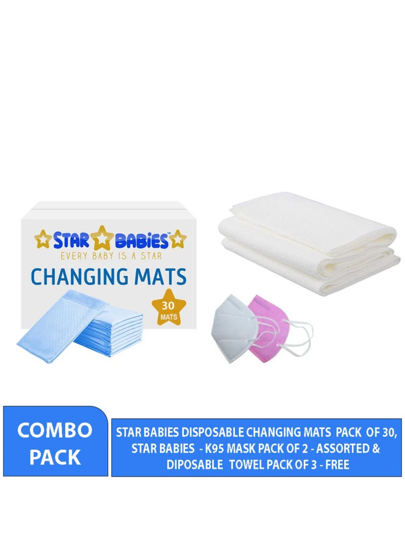 STAR BABiES Combo Pack Pack Changing Mat 30Pcs Disposable Towel 3Pcs Kn95 Blue  - Image 1