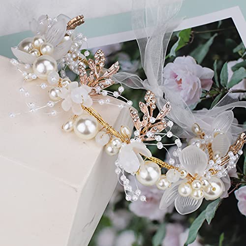Didder Flower Tiara for Girls and Women - Headband Headpiece Crown with Crystal Pearl Hair Vine - Wedding Hair Accessories for Bride - Image 5