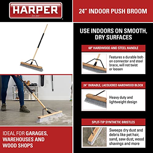 Harper 24 Inch Indoor Smooth-Surface Push Broom with Flagged Bristles for Sand, Saw Dust, Wood Shavings and Pet Hair in Garages, Warehouses, and Workshops - Image 2