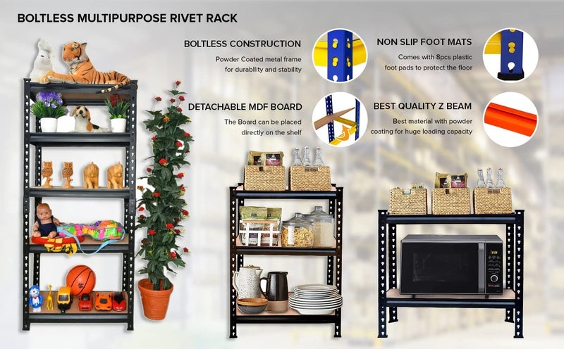 VISHVA Black 72 36 12 Inches 5 Shelves Adjustable Shelf Steel Storage Rack Utility Rack Garage Shelves Display Rack Boltless Rivet Rack  - Image 4