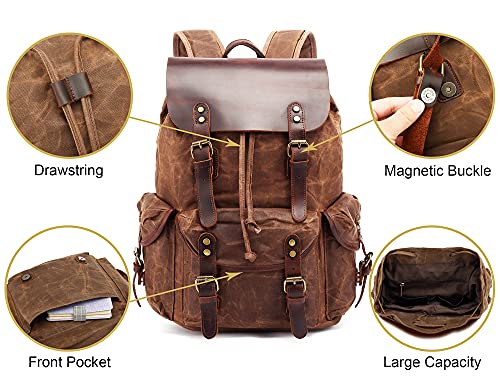 HuaChen Waxed Canvas & Leather Backpack for Men Women,Vintage Travel Rucksack,Large Daypack Casual Hiking Bag - M80 Khaki - Image 3