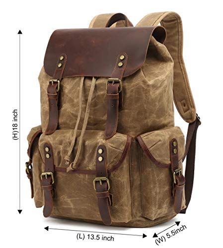 HuaChen Waxed Canvas & Leather Backpack for Men Women,Vintage Travel Rucksack,Large Daypack Casual Hiking Bag - M80 Khaki - Image 2
