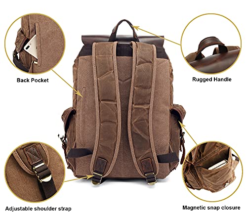 HuaChen Waxed Canvas & Leather Backpack for Men Women,Vintage Travel Rucksack,Large Daypack Casual Hiking Bag - M80 Khaki - Image 4