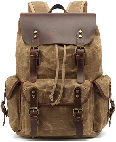 HuaChen Waxed Canvas & Leather Backpack for Men Women,Vintage Travel Rucksack,Large Daypack Casual Hiking Bag - M80 Khaki - Image 1