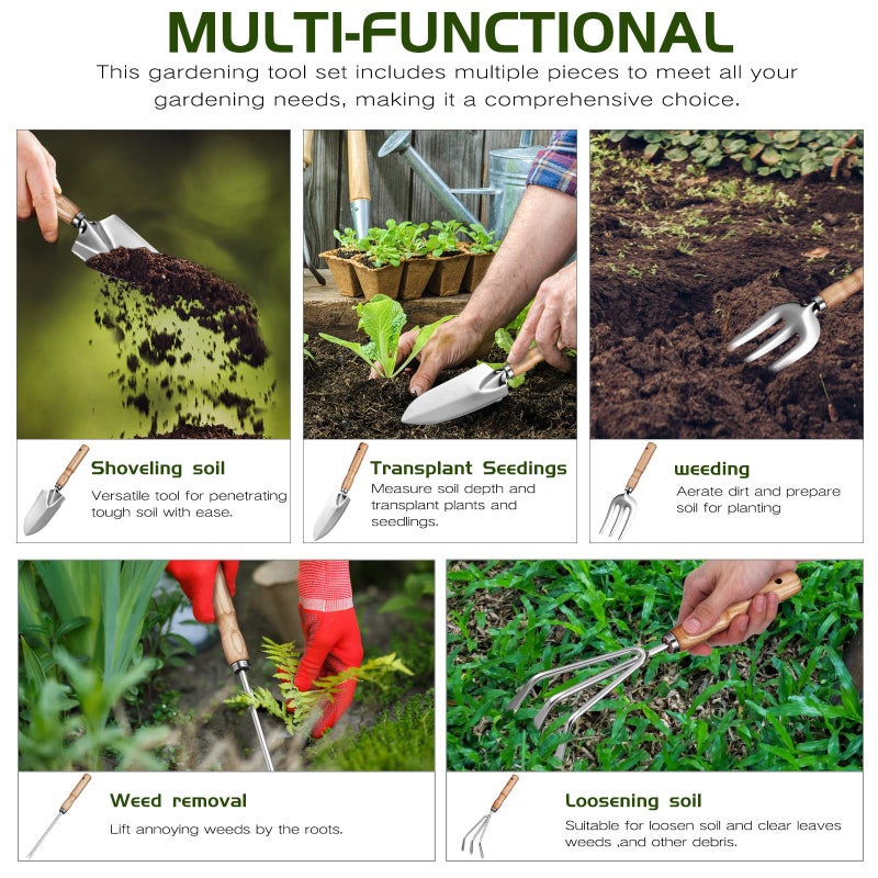 5pcs Stainless Steel Gardening Tools Set With Ash Wood Handles For Weeding And Cultivating - Image 4