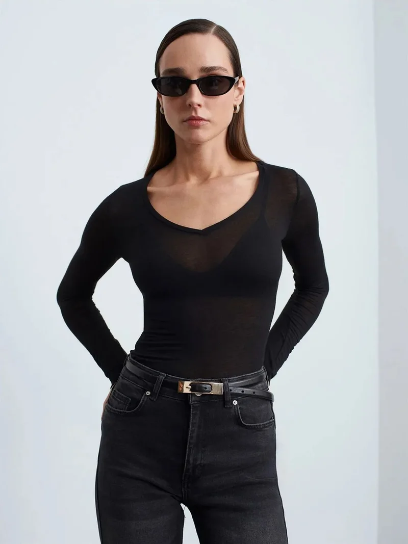 ديلفين Dilvin Slim Fit V-Neck Long Sleeve Top