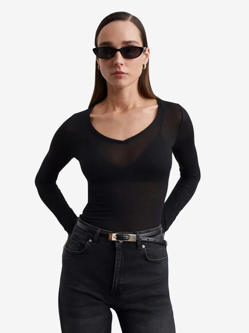 Dilvin DILVIN Slim Fit V-Neck Long Sleeve Top