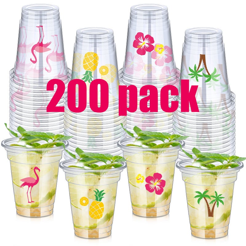 meekoo 200 Pack 12 oz Clear Disposable Luau Cups Hawaiian Flamingo Plastic Pineapple Tropical Cups for Party Luau Party Supplies for Birthday Party Drinkware
