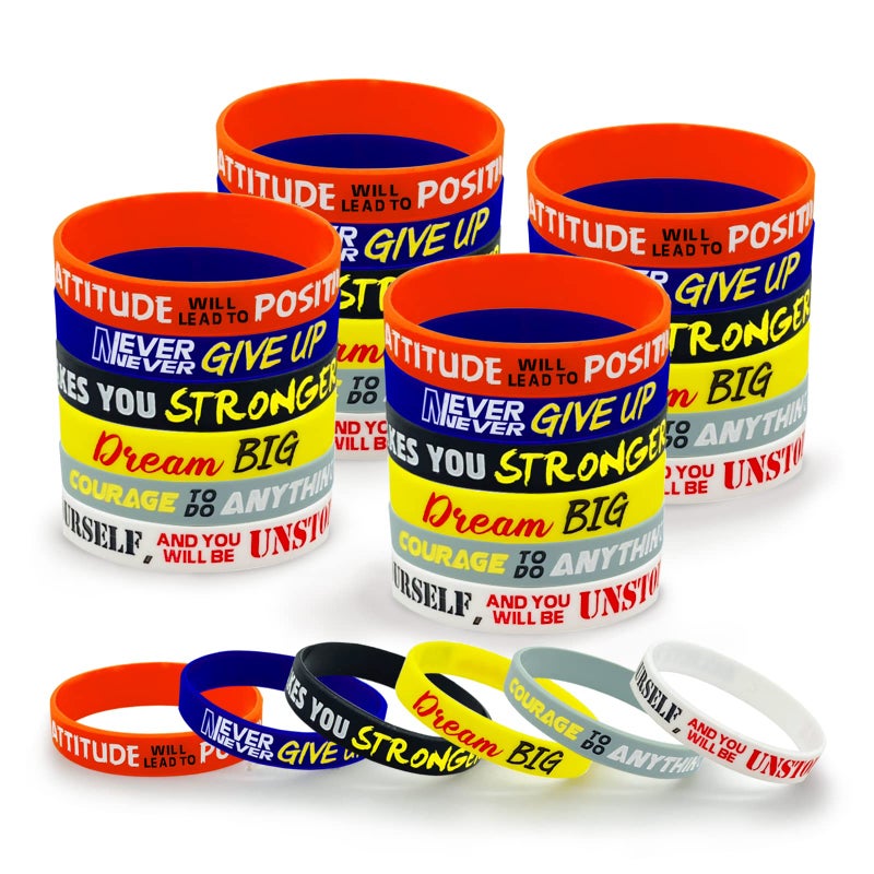 Cinrobiye 30 Pieces Inspirational Rubber Bracelet Motivational Quotes Silicone Bracelets Adult Stretch Wristbands Rubber Motivational Gifts for Men Women Teens Gym Kids Adults Party Favors,6 Designs (Unisex) - Image 1