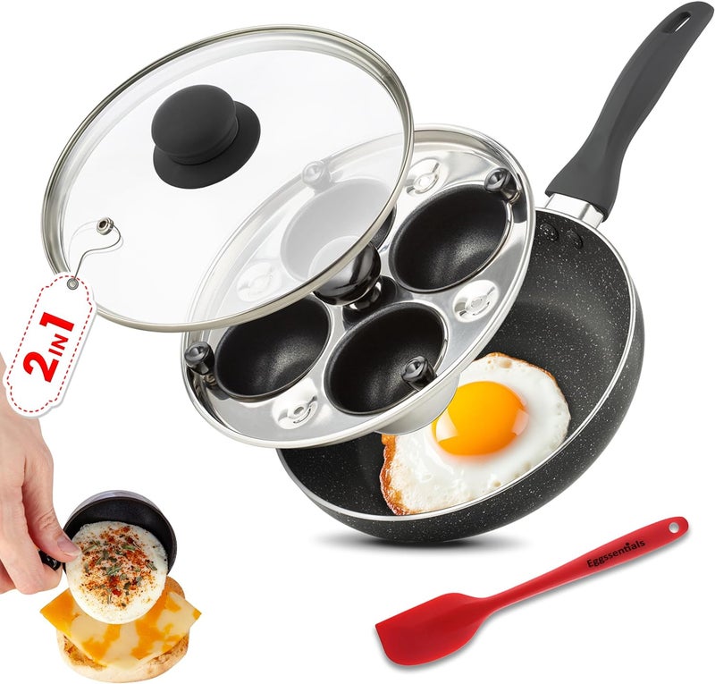 Eggssentials 2 IN 1 Egg Pan & Egg Poacher Pan, Granite Nonstick Fry Pan Poached Egg Maker and Frying Skillet with Lid, Poached Eggs Cooker Food Grade Safe PFOA Free with Spatula, Egg Cookware - 4 Cups - Image 1