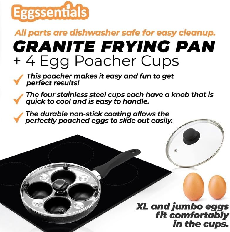 Eggssentials 2 IN 1 Egg Pan & Egg Poacher Pan, Granite Nonstick Fry Pan Poached Egg Maker and Frying Skillet with Lid, Poached Eggs Cooker Food Grade Safe PFOA Free with Spatula, Egg Cookware - 4 Cups - Image 3