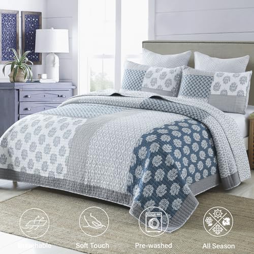 Finlonte Quilts Queen Size, 100% Cotton Queen Comforter Set, Blue Grey Farmhouse Quilted Bedspread, Patchwork Lightweight Reversible Quilt Bedding Set for Queen Bed, 3-Pieces - Image 2