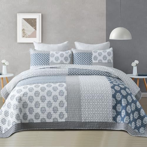Finlonte Quilts Queen Size, 100% Cotton Queen Comforter Set, Blue Grey Farmhouse Quilted Bedspread, Patchwork Lightweight Reversible Quilt Bedding Set for Queen Bed, 3-Pieces - Image 1
