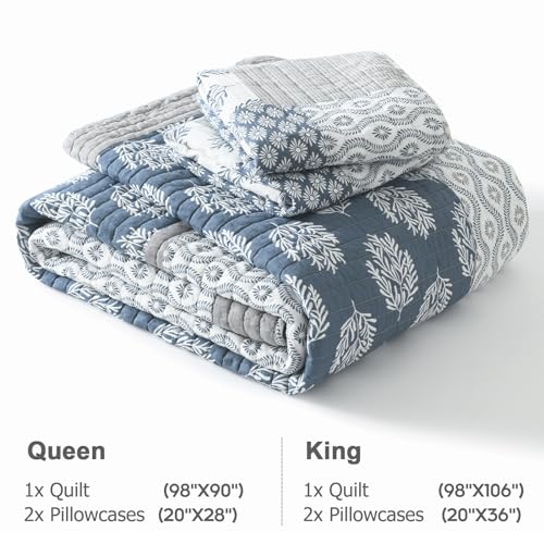 Finlonte Quilts Queen Size, 100% Cotton Queen Comforter Set, Blue Grey Farmhouse Quilted Bedspread, Patchwork Lightweight Reversible Quilt Bedding Set for Queen Bed, 3-Pieces - Image 5