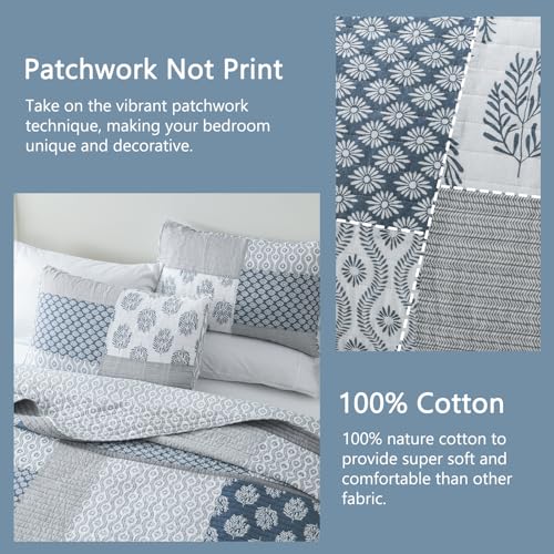 Finlonte Quilts Queen Size, 100% Cotton Queen Comforter Set, Blue Grey Farmhouse Quilted Bedspread, Patchwork Lightweight Reversible Quilt Bedding Set for Queen Bed, 3-Pieces - Image 3