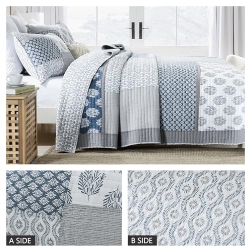 Finlonte Quilts Queen Size, 100% Cotton Queen Comforter Set, Blue Grey Farmhouse Quilted Bedspread, Patchwork Lightweight Reversible Quilt Bedding Set for Queen Bed, 3-Pieces - Image 4