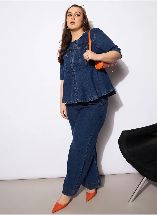 ساسافراس Plus Size Plain Denim Peplum Top and Jeans Co-Ords