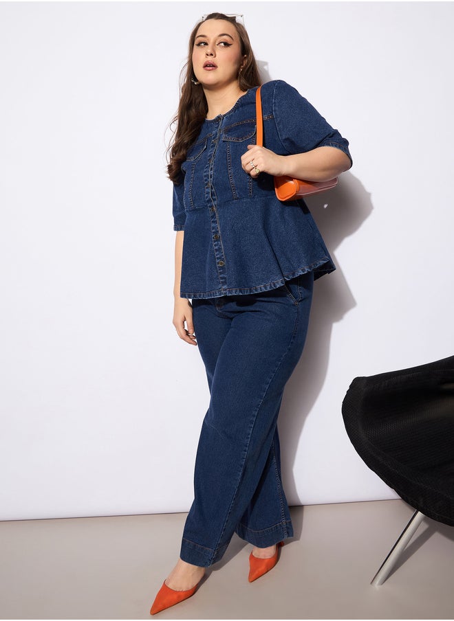 SASSAFRAS Plus Size Plain Denim Peplum Top and Jeans Co-Ords  - Image 1