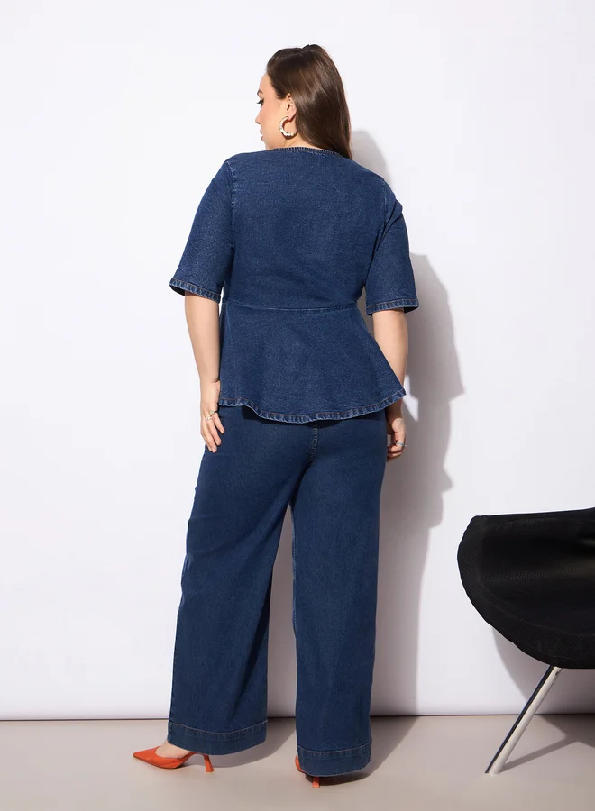 SASSAFRAS Plus Size Plain Denim Peplum Top and Jeans Co-Ords