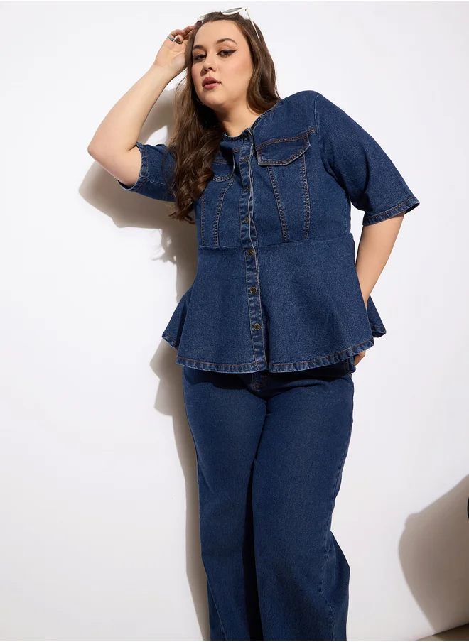 ساسافراس Plus Size Plain Denim Peplum Top and Jeans Co-Ords