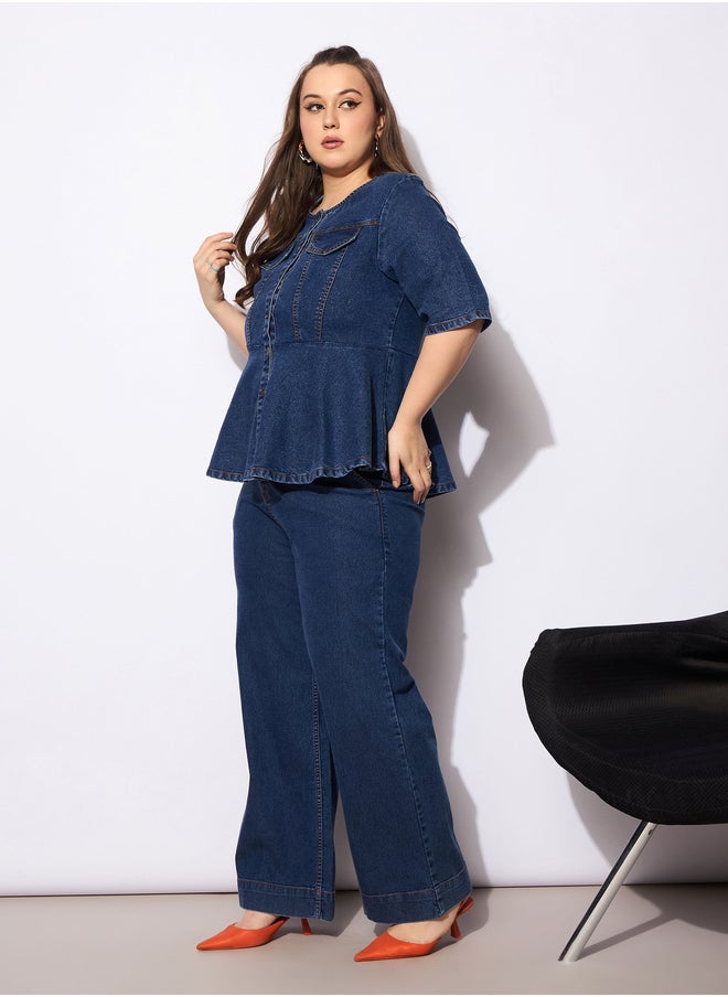 SASSAFRAS Plus Size Plain Denim Peplum Top and Jeans Co-Ords  - Image 3