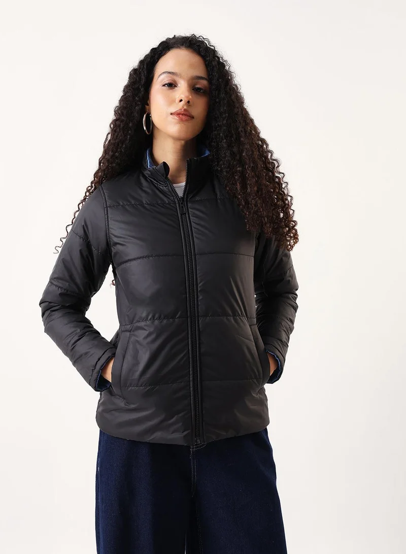 دينيس لينغو جاكيت نسائي مبطن أسود مطبوع قابل للعكس بقصة عادية