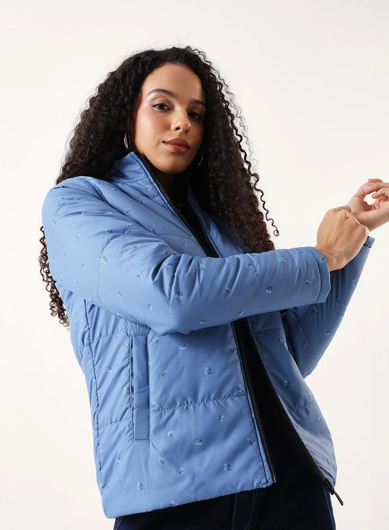 Women's Black 100% Polyester Printed Reversible Puffer Regular Fit Jacket
