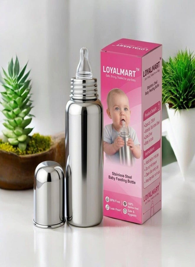 Loyalmart Baby Milk Bottle Feeding Bottle 250ml Stainless Steel BPA Free Leak Proof & Plastic Free with Easy Clean Soft Silicone Nipple Hygienic Safe Use (Silver, 250ml) - Image 1
