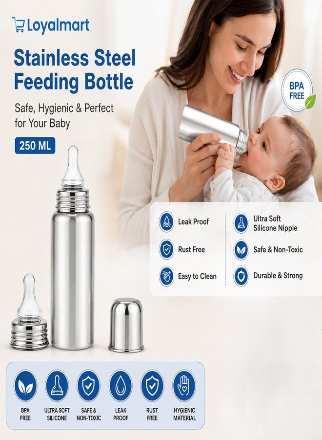 Loyalmart Baby Milk Bottle Feeding Bottle 250ml Stainless Steel BPA Free Leak Proof & Plastic Free with Easy Clean Soft Silicone Nipple Hygienic Safe Use (Silver, 250ml) - Image 2