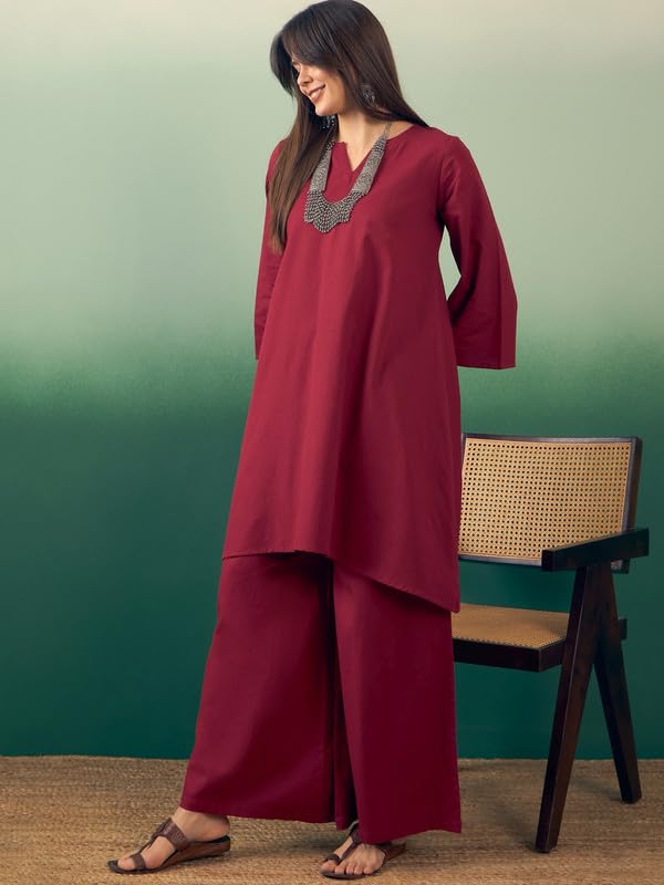 InWeave BURGUNDY V NECK LONG FULL SLEEVE KURTA PALAZZO SET - Image 2