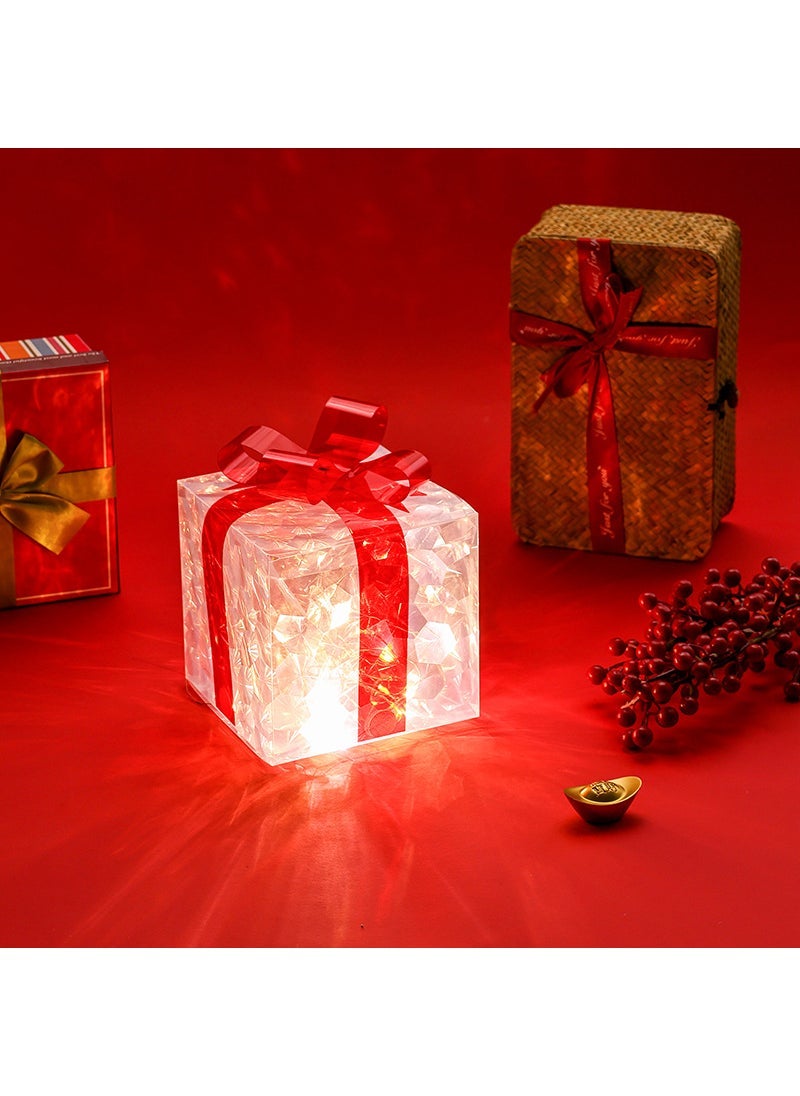 Luminous gift box cross-border Christmas decoration laser gift box pile gift box Christmas window transparent luminous gift box Medium red bowknot cat eye pile head gift box 