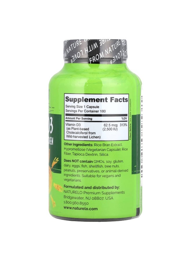 NATURELO NATURELO, Vitamin D3, 62.5 mcg (2,500 IU), 180 Easy Swallow Capsules  - Image 2